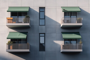 Building facade with balconies and green awnings.