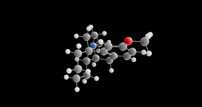 Dextromethorphan molecule, rotating 3D model of antitussives, looped video on a black background
