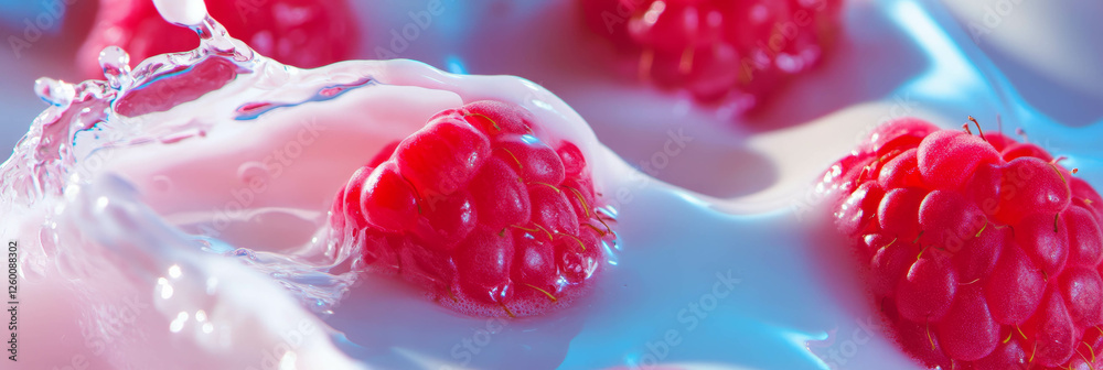 Poster coconut milk and raspberries creating splash ripples in a bright, refreshing scene