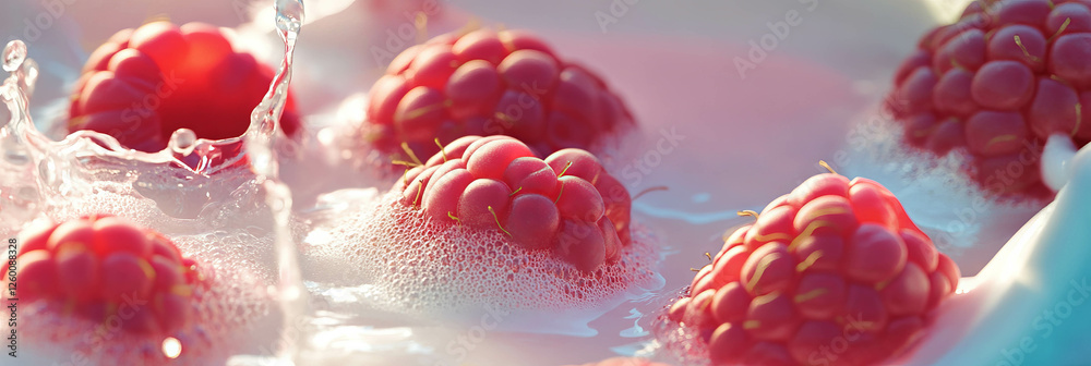 Poster raspberry halves make splash in creamy coconut milk with white foam