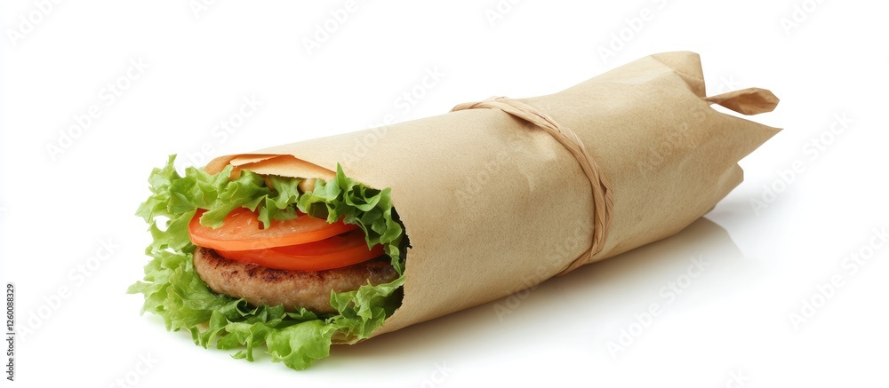 Aufkleber fresh burger wrapped in natural craft paper featuring layers of green lettuce and tomato against a c