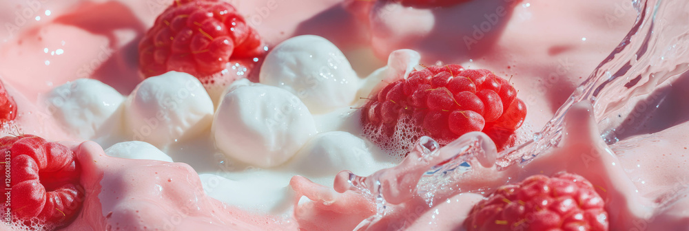 Poster Coconut milk and raspberry halves create splash ripples with frothy foam