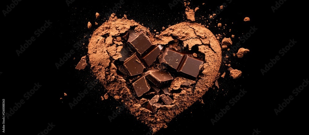 Poster Broken chocolate bar pieces arranged in a heart shape on a black background with cocoa powder creating a textured heart outline.