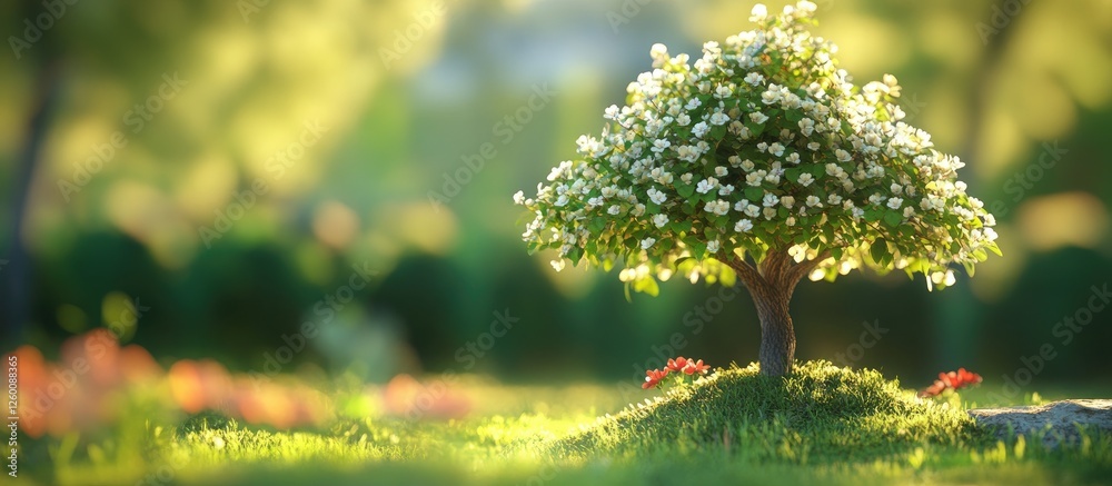 Leinwandbilder blossoming white flowers on a small tree in a sunlit garden with lush green grass and a soft bokeh b