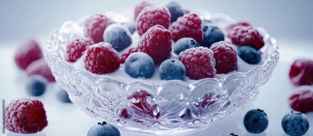 Aufkleber bowl of creamy yogurt topped with fresh raspberries and blueberries arranged beautifully against a s