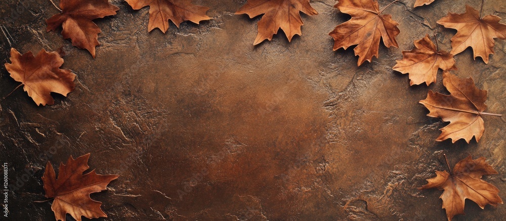 Poster Rustic autumnal background with warm brown tones and scattered maple leaves positioned along the edges creating a cozy seasonal ambiance