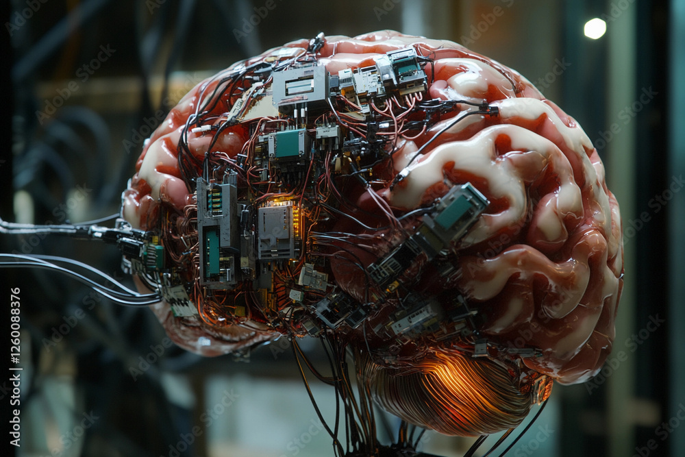 Fototapete futuristic brain design featuring circuit board elements merging technology with organic structure