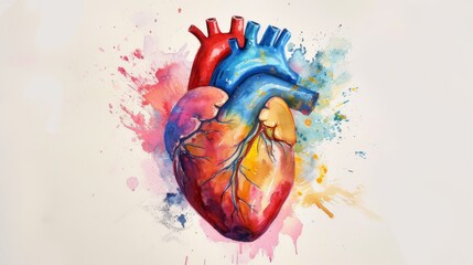 A detailed watercolor depiction of an anatomical heart surrounded by bright splashes of red, blue, and yellow paint, evoking artistic and scientific themes. AI generated.