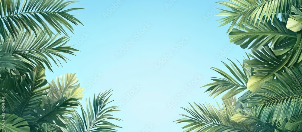 Poster lush green coconut palm branches frame a clear blue sky in the background creating a serene tropical