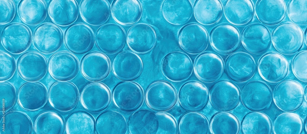 Poster blue abstract background featuring a pattern of overlapping clear circular bubbles arranged in a gri