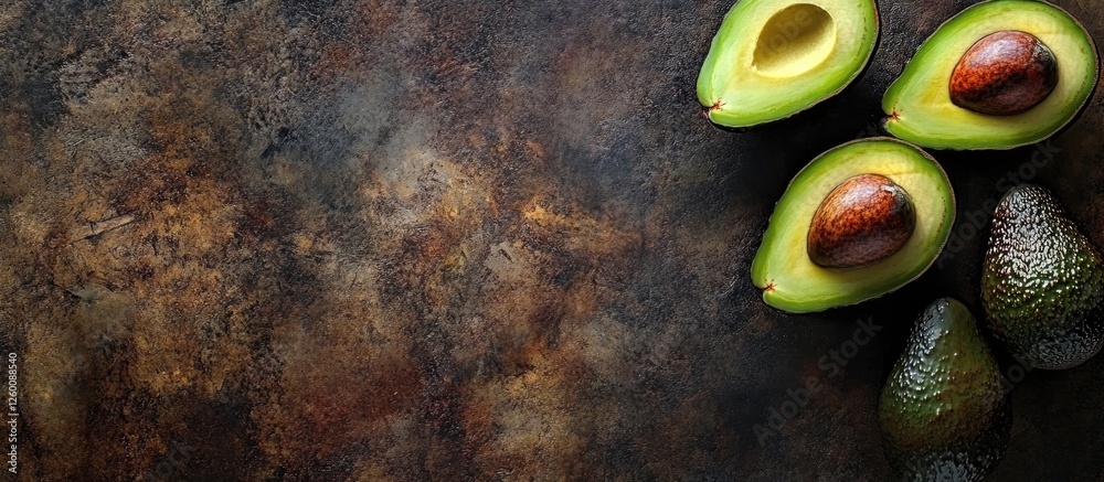 Poster freshly sliced avocados on dark rye bread arranged artistically on a weathered brown table with cont
