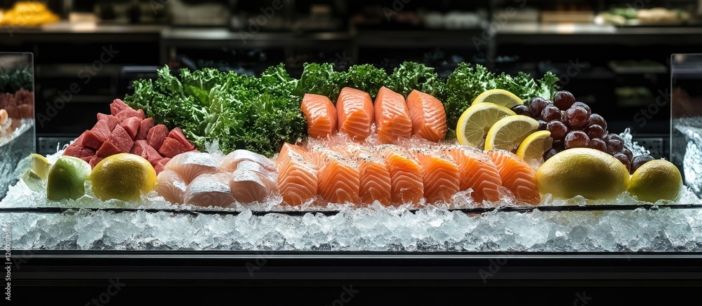 Poster freshly chilled salmon and assorted seafood artistically displayed on ice amidst a vibrant arrangeme