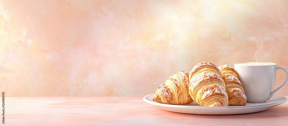 Poster croissants on a plate beside a white coffee cup with a soft pastel background creating a warm and in