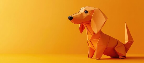 Obraz premium Colorful origami dachshund dog positioned on a vibrant yellow background showcasing bright orange tones and playful expression in a whimsical style
