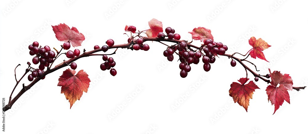 Poster autumn grape vine branch featuring red leaves and clusters of dark grapes against a white background