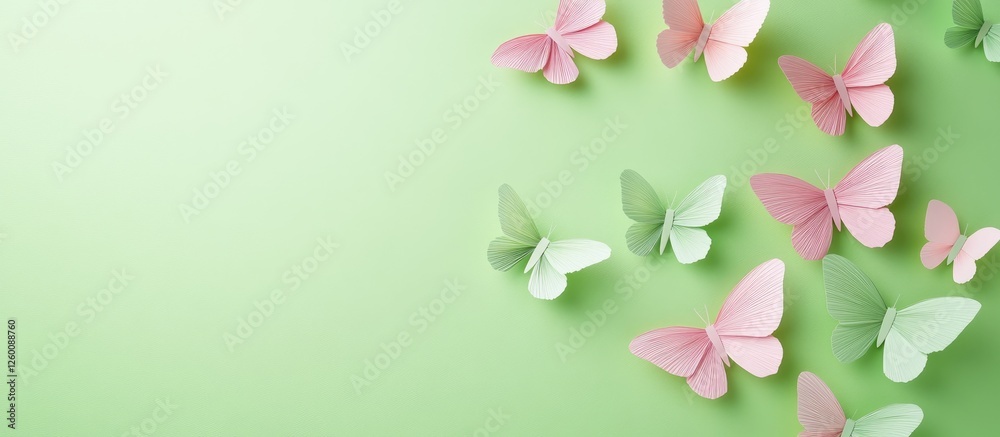 Poster colorful paper butterflies in soft pink and mint green gracefully arranged on a light green backgrou