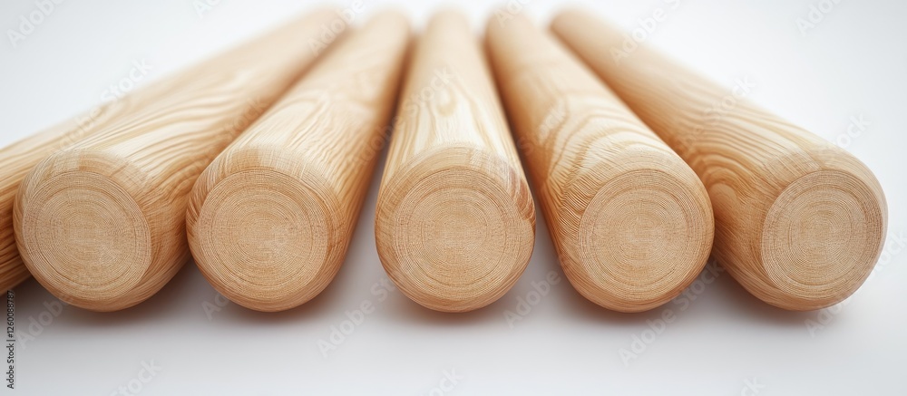 Poster Set of six smooth wooden dowels arranged in a row on a light background showcasing natural wood grain and cylindrical shape.