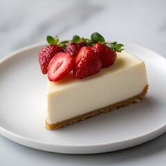 Creamy cheesecake slice, strawberry garnish, white plate, marble background, dessert menu