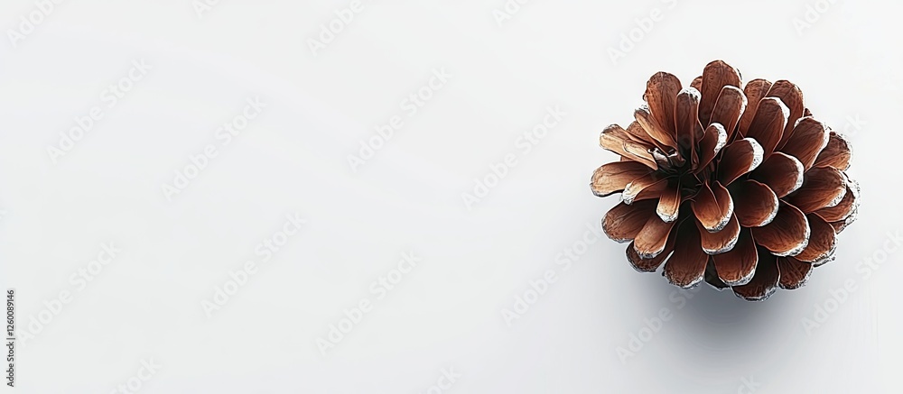 Poster brown pine cone with intricate textured scales positioned top left against a clean white background 