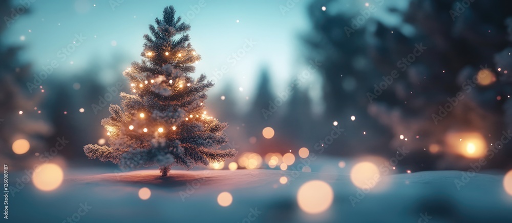 Poster christmas tree illuminated with warm lights in soft focus against a snowy background with gentle bok