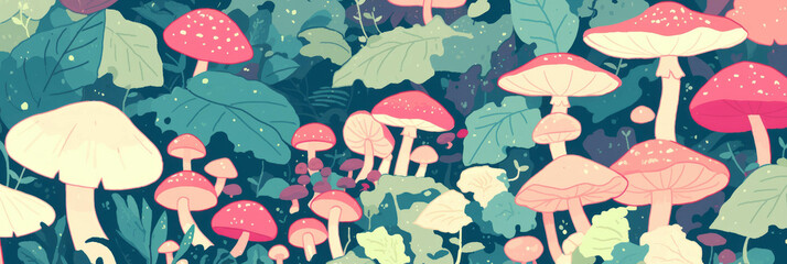 Colorful mushrooms thrive in a lush green forest with vibrant foliage and enchanting beauty