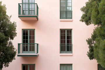 Obraz premium Building facade with balconies and green window trim