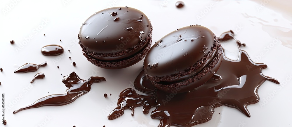 Poster rich chocolate ganache macarons on a white plate with chocolate drips and glossy texture; dark brown