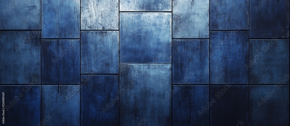 Poster blue stained concrete wall texture with dark blue squares arranged in an abstract design ideal for w