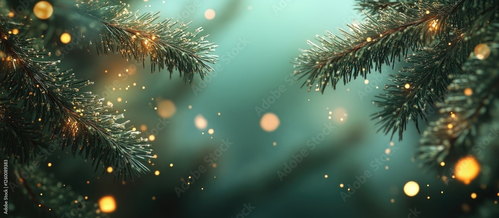 Aufkleber Christmas tree branches with sparkling lights set against a soft green background, creating a festive and cozy atmosphere.