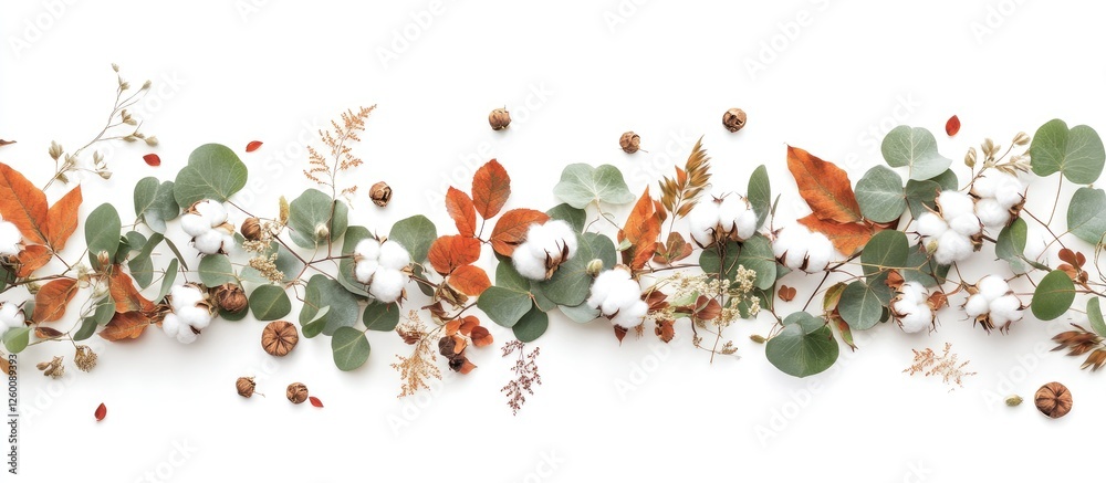 Poster eucalyptus branches and cotton flowers create an autumn composition with dried leaves on a white bac