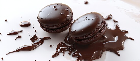 Rich chocolate ganache macarons on a white plate with chocolate drips and glossy texture; dark brown hues creating a decadent dessert scene.