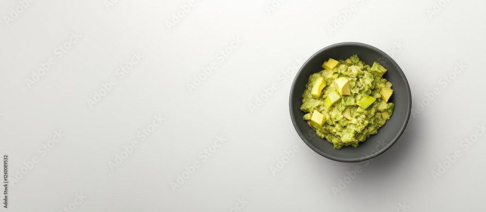 Poster guacamole in a black bowl with chunks of avocado on a light grey background, top view showcasing vib