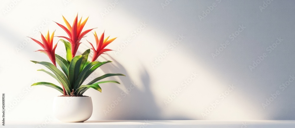 Poster Vibrant red and orange bromeliad flowers in a white pot positioned to the left against a smooth light grey backdrop creating an eye-catching contrast
