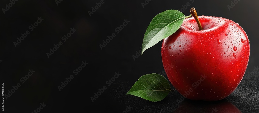 Poster fresh red apple with water droplets and green leaves positioned on the right against a smooth black 