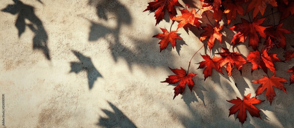 Fototapete autumn leaves casting deep red shadows on a textured light beige wall with soft details creating a s