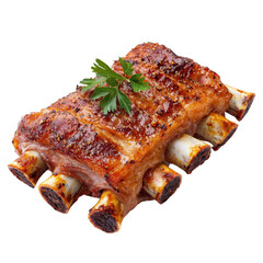 Juicy Grilled Rack of Ribs with Fresh Parsley Garnish on White Background