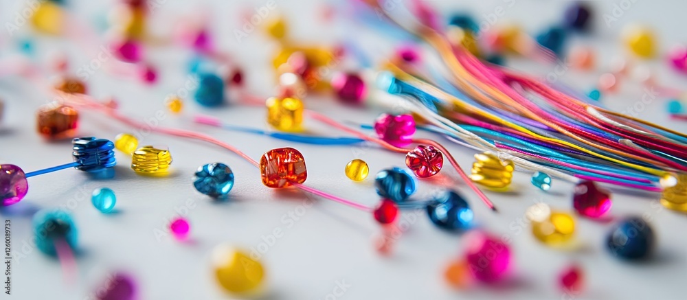Aufkleber Vibrant display of assorted colorful beads in red, blue, green, and pink scattered on a white surface with strings accentuating dynamic patterns