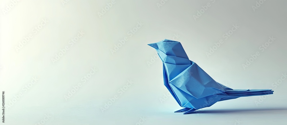 Fototapete Blue origami bird in a minimalist design placed on the right side against a light gray background with soft shadows and subtle highlights.