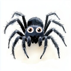 Black spider with large eyes appearing on a white background in a cartoon style