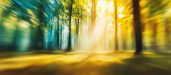 Golden sun rays filter through a blurred forest, highlighting vibrant green leaves amidst warm yellow and cool blue tones, evoking serene summer ambiance.