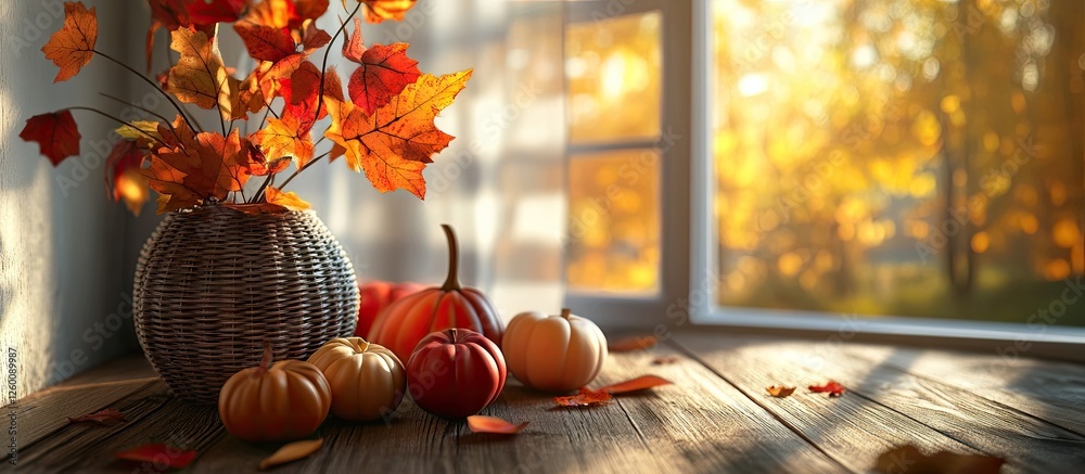 Poster Cozy autumn still life featuring pumpkins and colorful leaves in a vase on a rustic wooden table with warm sunlight streaming through a window