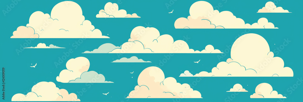 Aufkleber cute stylized clouds with varied shapes against a vibrant blue background in a whimsical setting
