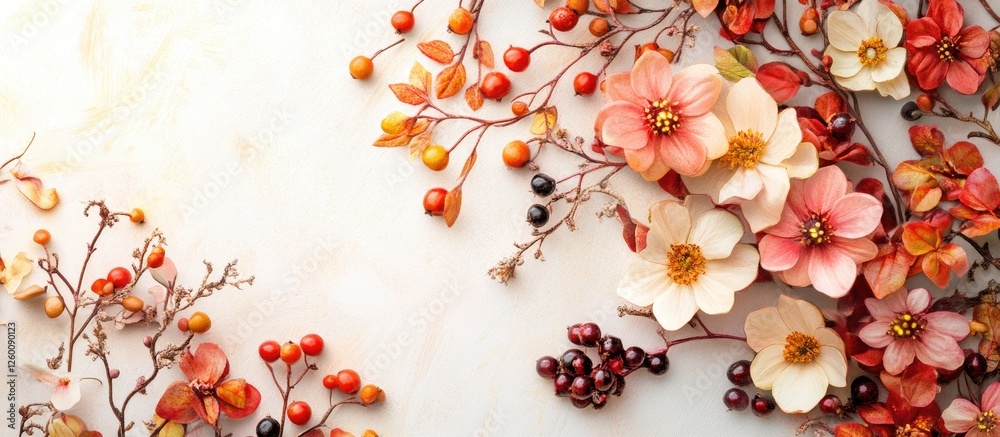 Aufkleber autumn floral arrangement featuring pink flowers and vibrant berries against a soft light backdrop c