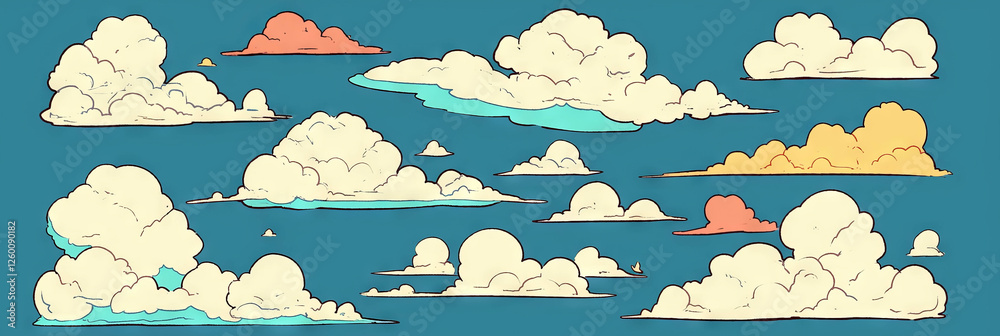 Poster Stylized clouds in various shapes and colors create a whimsical sky