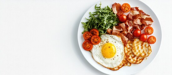 Healthy breakfast power plate featuring arugula, crispy bacon, grilled tomatoes, and a sunny-side-up egg positioned on a white plate against a white background.