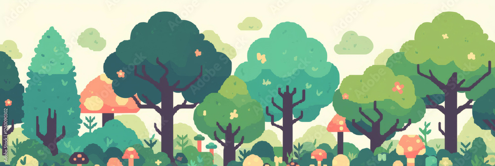 Poster cute stylized forests featuring diverse trees and colorful mushrooms in pixel art style