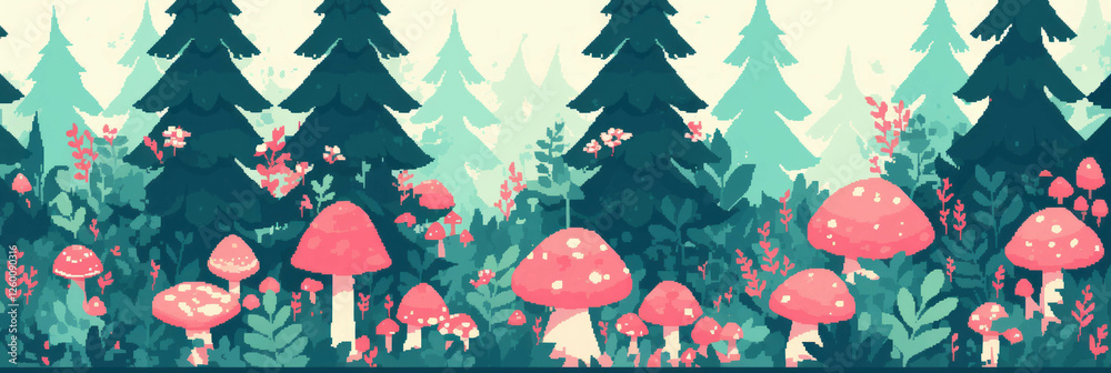 Aufkleber charming pixel art forest filled with colorful mushrooms and diverse trees