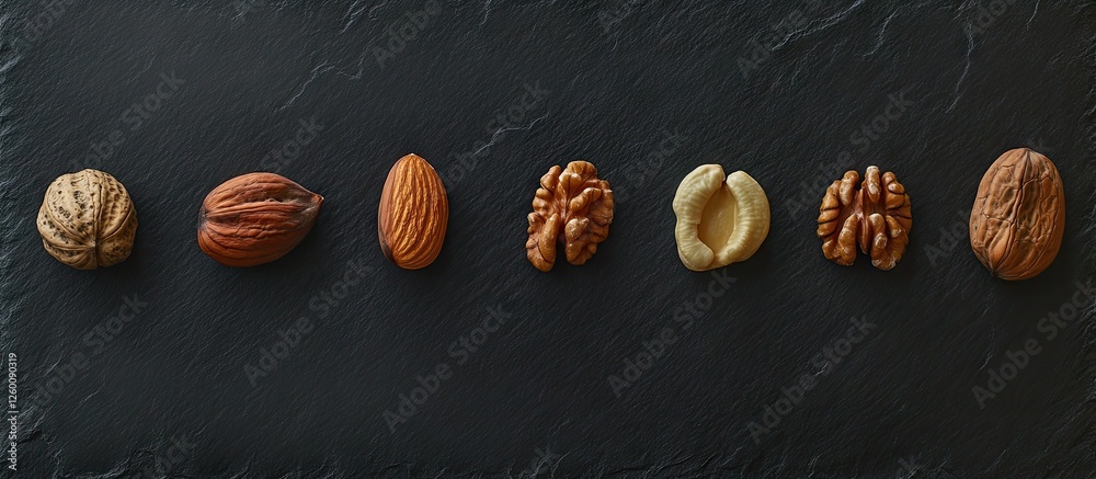 Fototapete Assorted nuts arranged in a line on a textured black background with ample free space for text creating a rustic and elegant presentation.