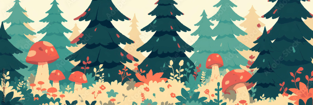 Aufkleber Stylized forest landscape with playful trees and colorful mushrooms creating a whimsical backdrop