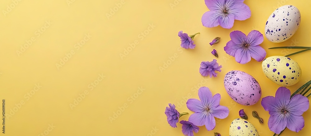 Poster easter composition featuring purple flowers and pastel eggs arranged on a vibrant yellow background 